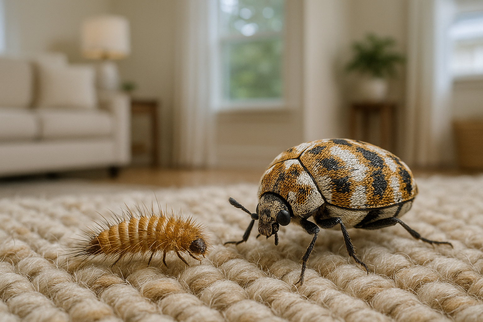 Close‑up of carpet beetle signs on a windowsill and rug