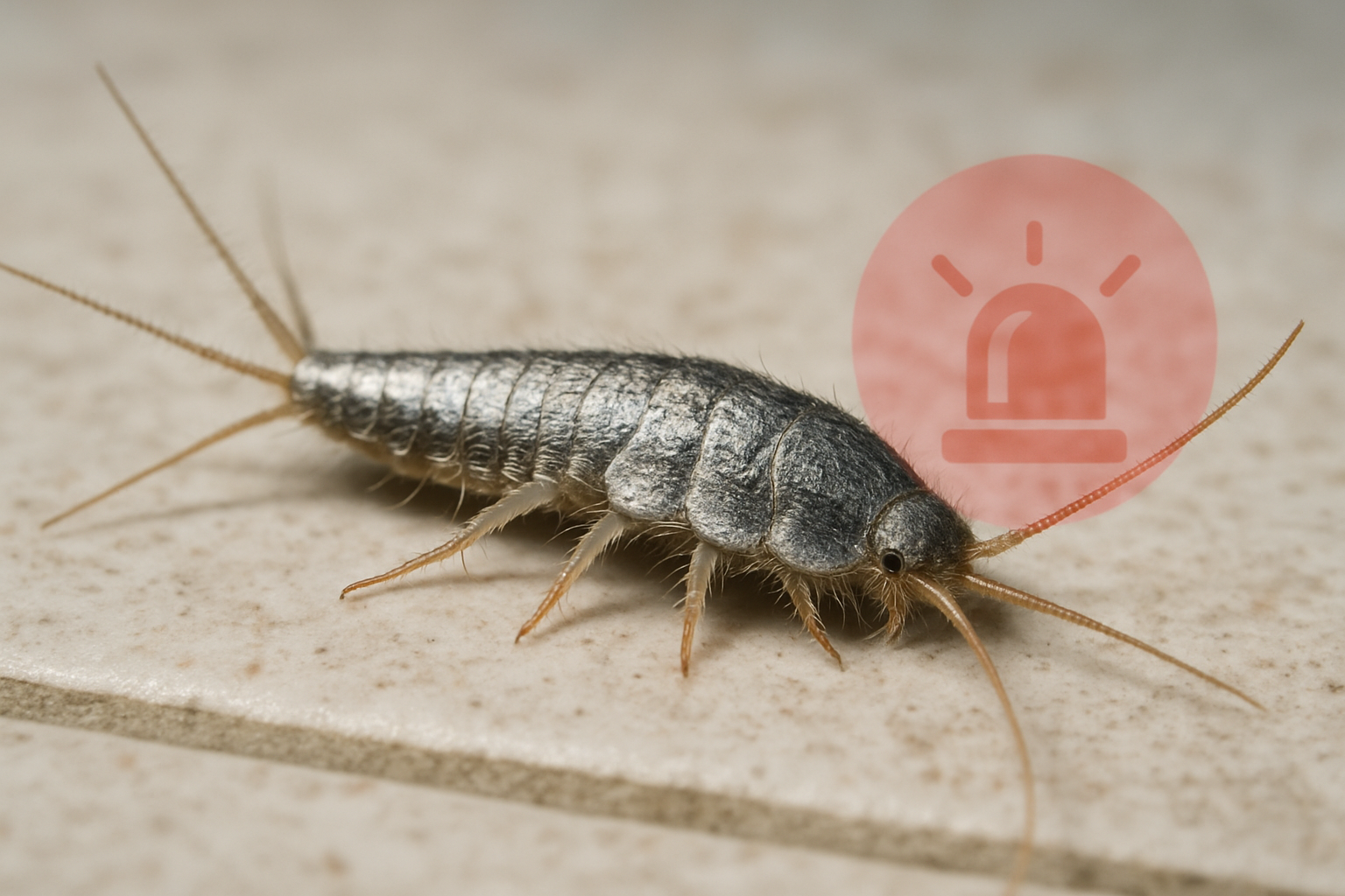 Silverfish crawling on a bathroom tile with an emergency alert icon overlay