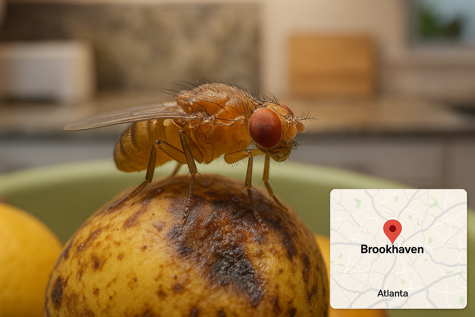 Close‑up of tiny fruit flies hovering near a ripe apple