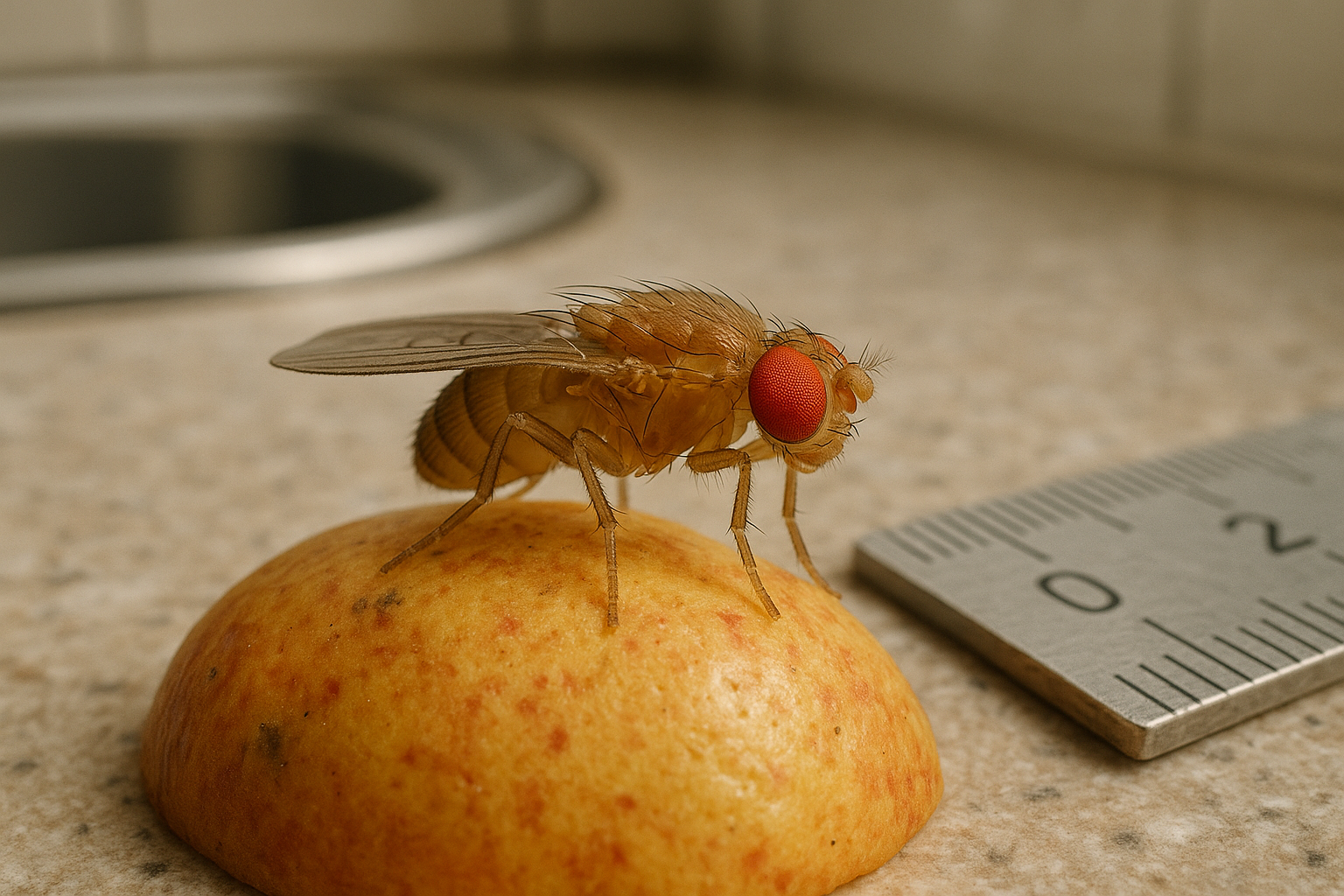 Close‑up view of a fruit fly hovering near a kitchen sink drain