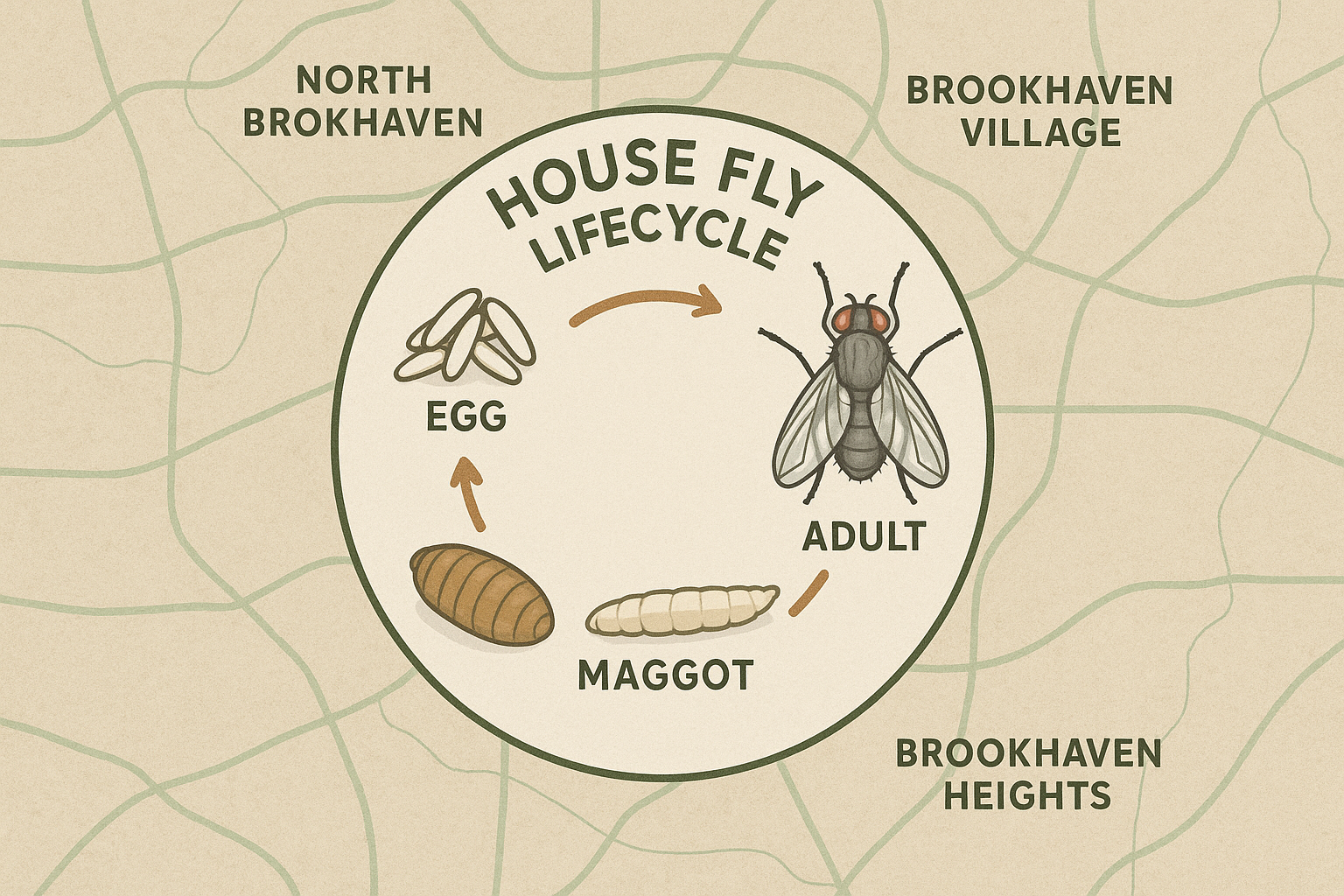 House fly lifecycle infographic showing egg, larva, pupa, and adult stages