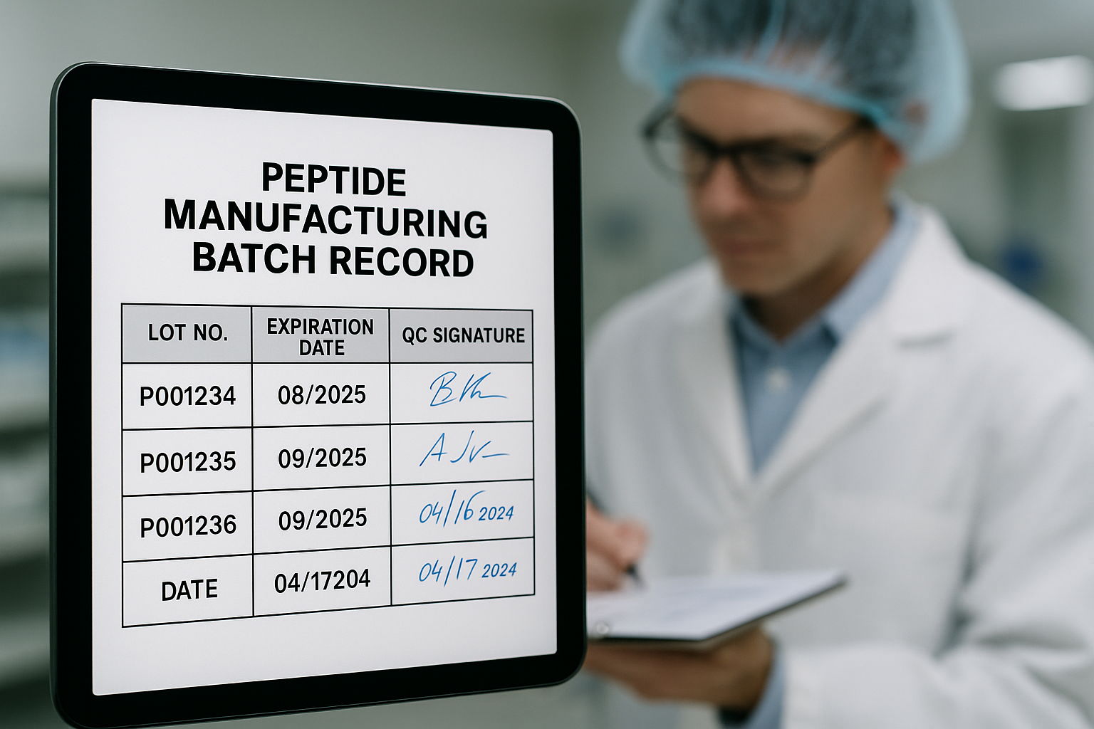 Sample peptide batch record showing lot number, synthesis details, analytical results, and QC sign‑offs