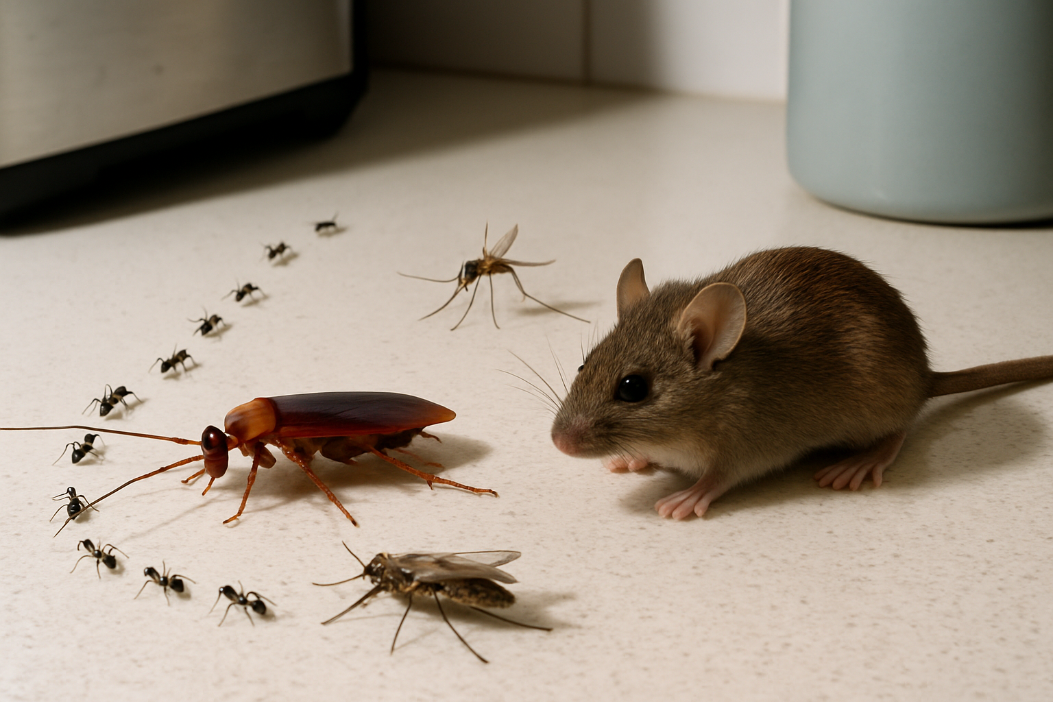 Close‑up illustration of an ant trail, a cockroach, a mosquito, and a mouse on a kitchen counter