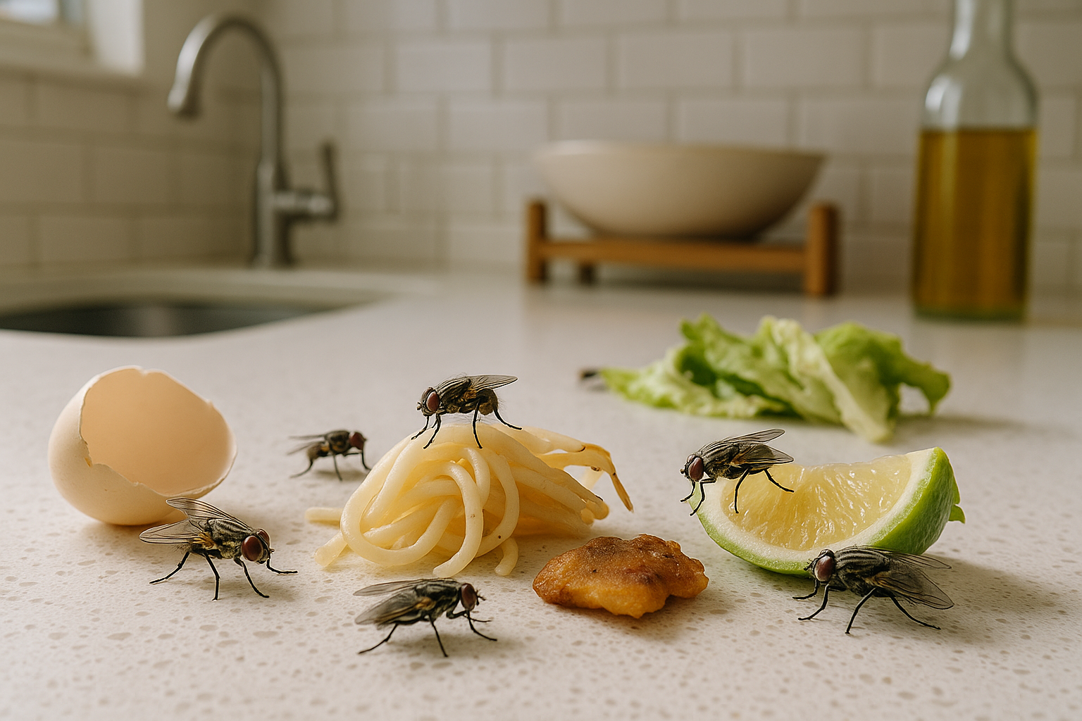 Close‑up view of a house fly showing gray‑black body and transparent wings