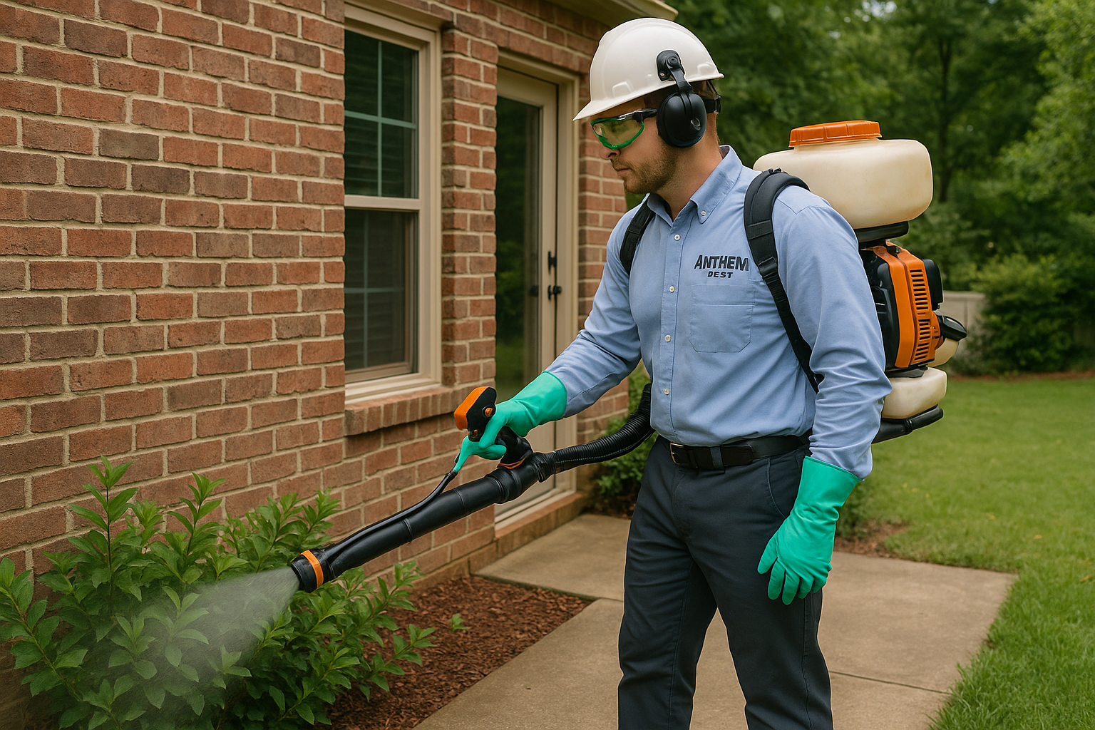 Anthem Pest technician applying barrier spray to a home foundation