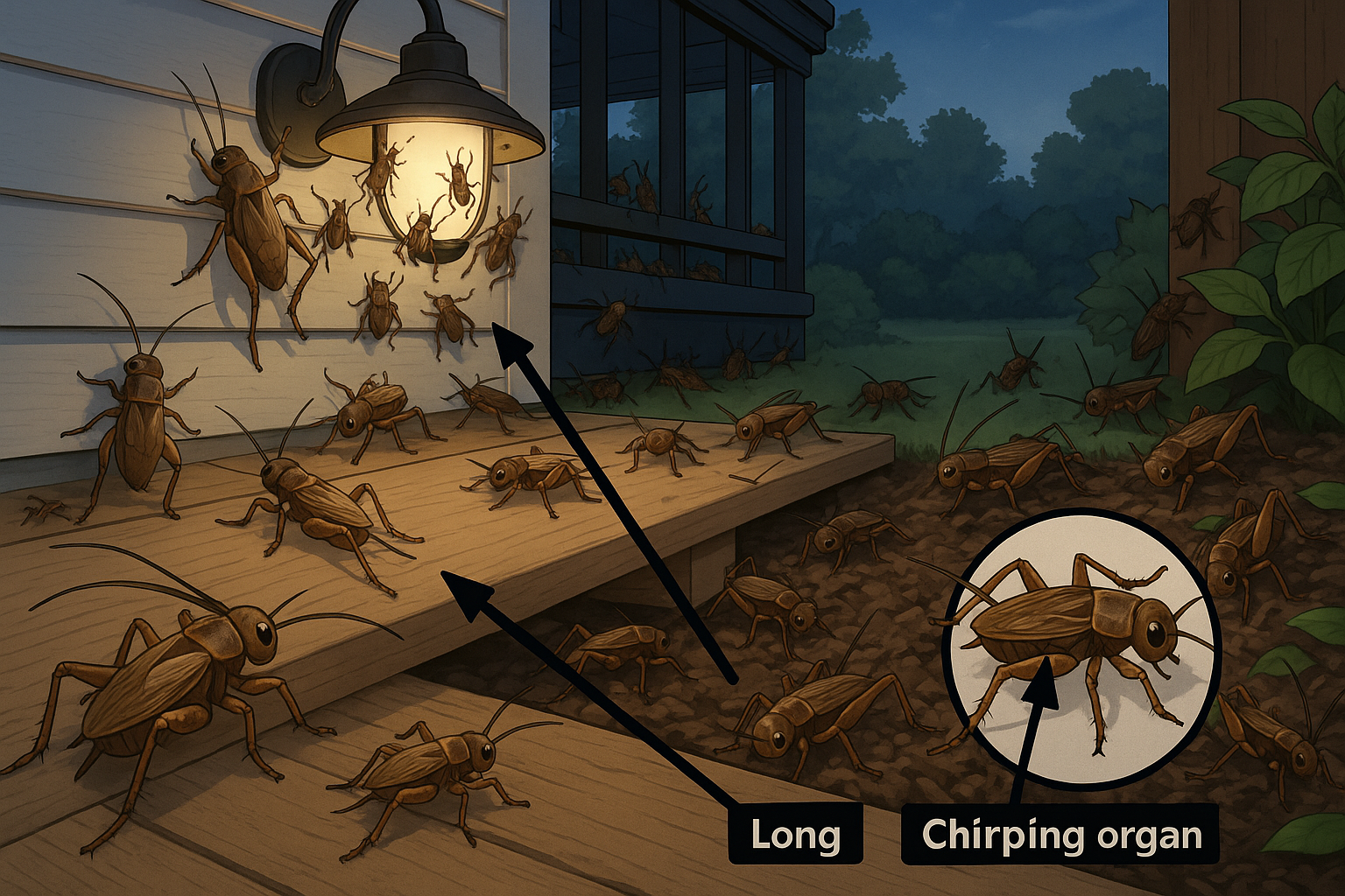 Diagram showing common cricket entry points such as cracks, vents, and door gaps