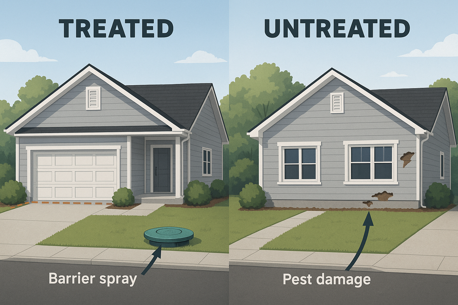 Side‑by‑side view of a home with barrier spray treatment versus a home using bait stations