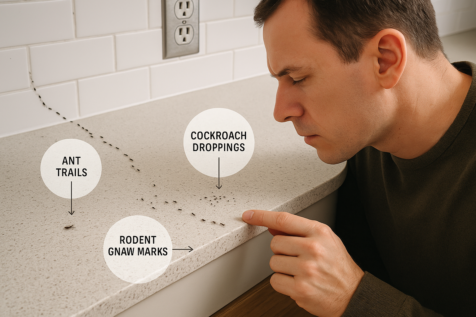 Common household pest inspection signs such as droppings, gnaw marks, and shed skins