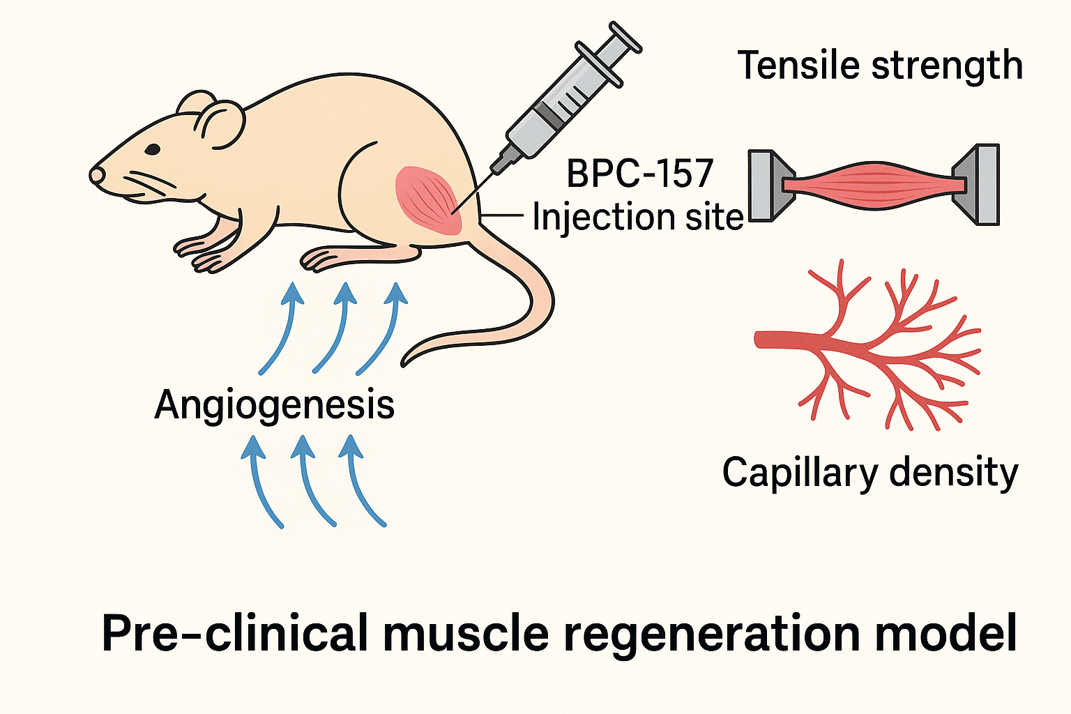 Graphical timeline of muscle repair markers in BPC‑157‑treated rats versus controls