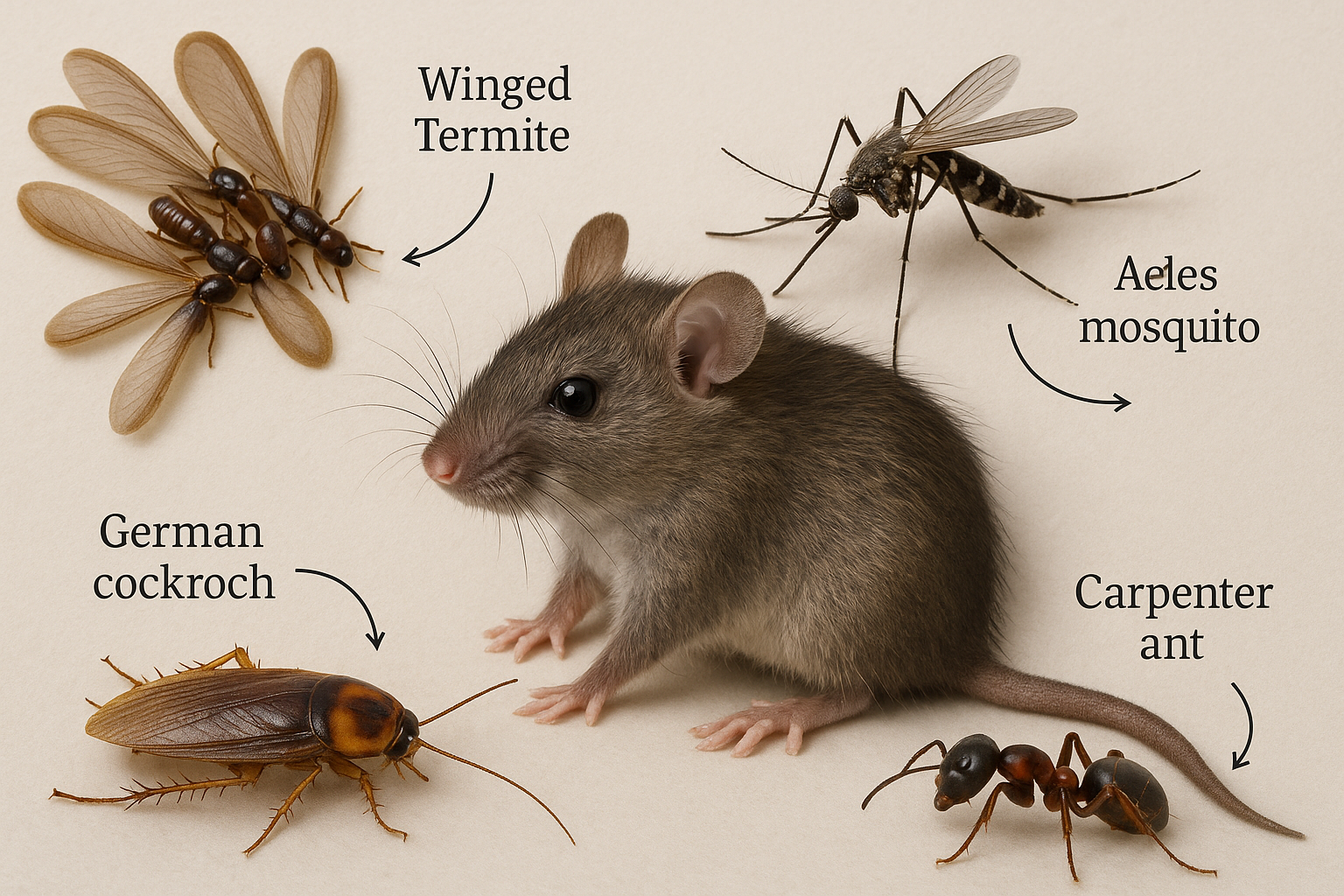Icons representing termites, mosquitoes, rodents, cockroaches, and ants