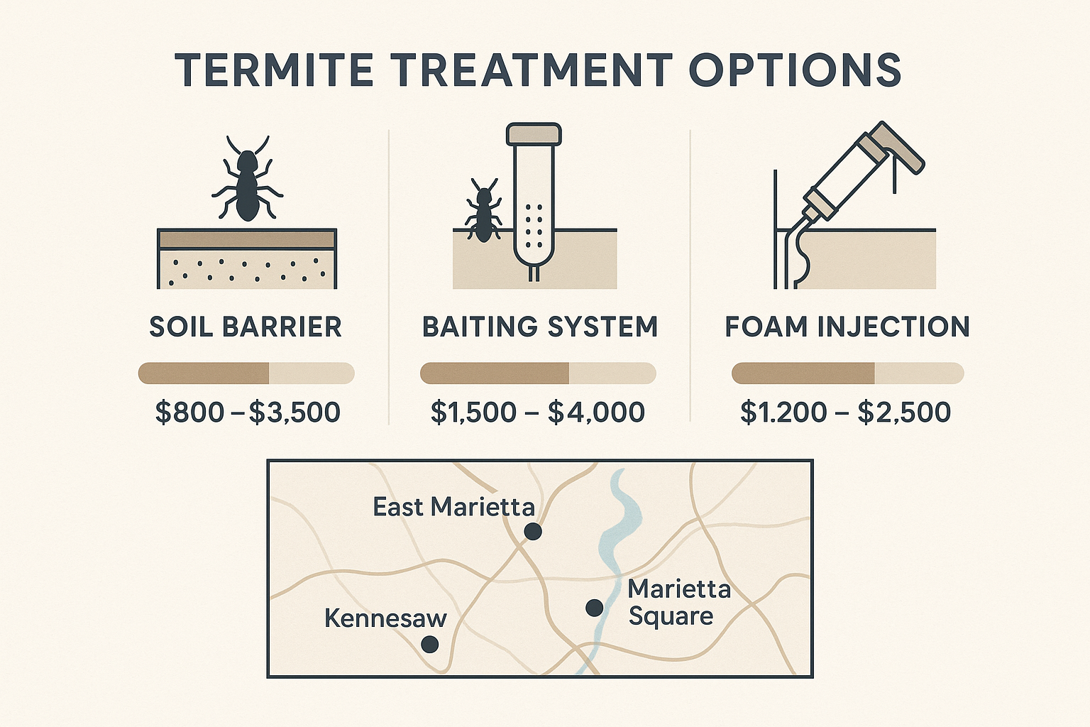 Diagram showing soil barrier, bait stations, and foam injection points for termite control