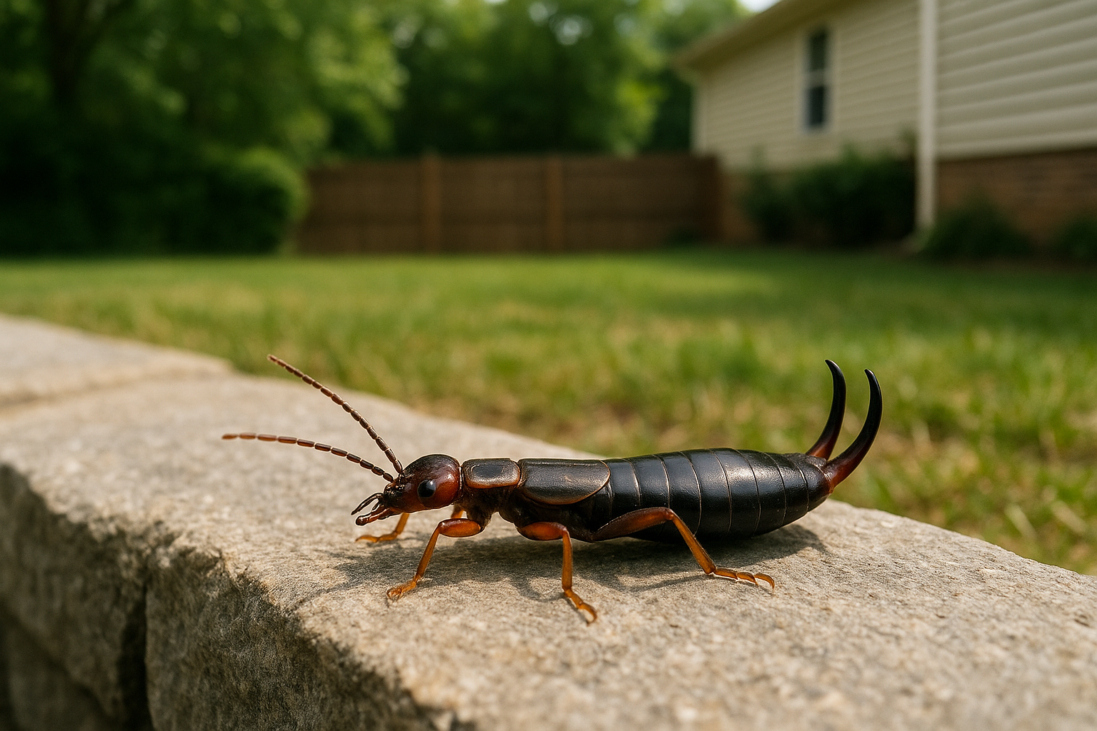 Close‑up of a gray‑brown earwig with distinctive forceps‑like cerci