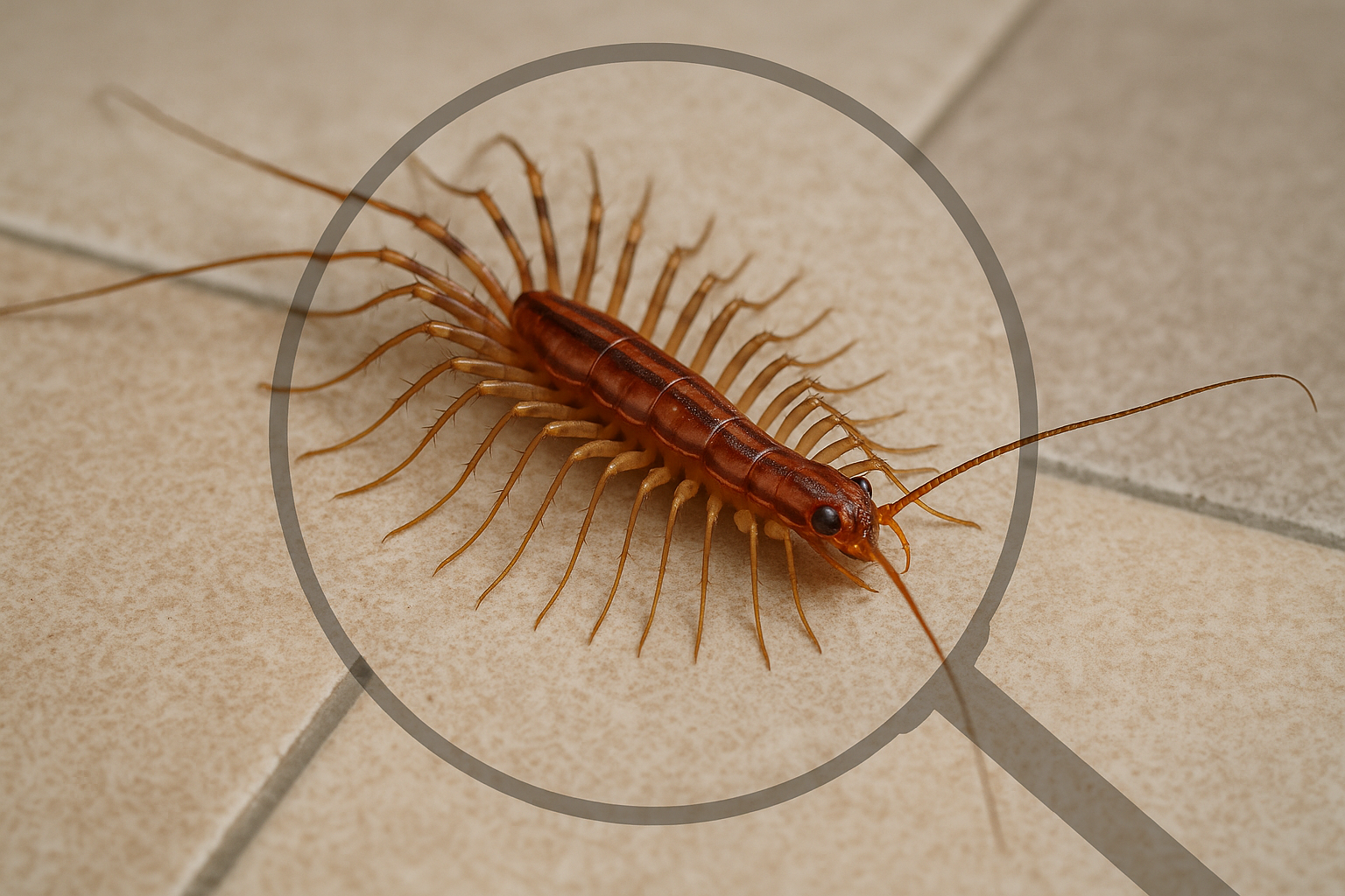 Close‑up of a house centipede crawling on a damp surface