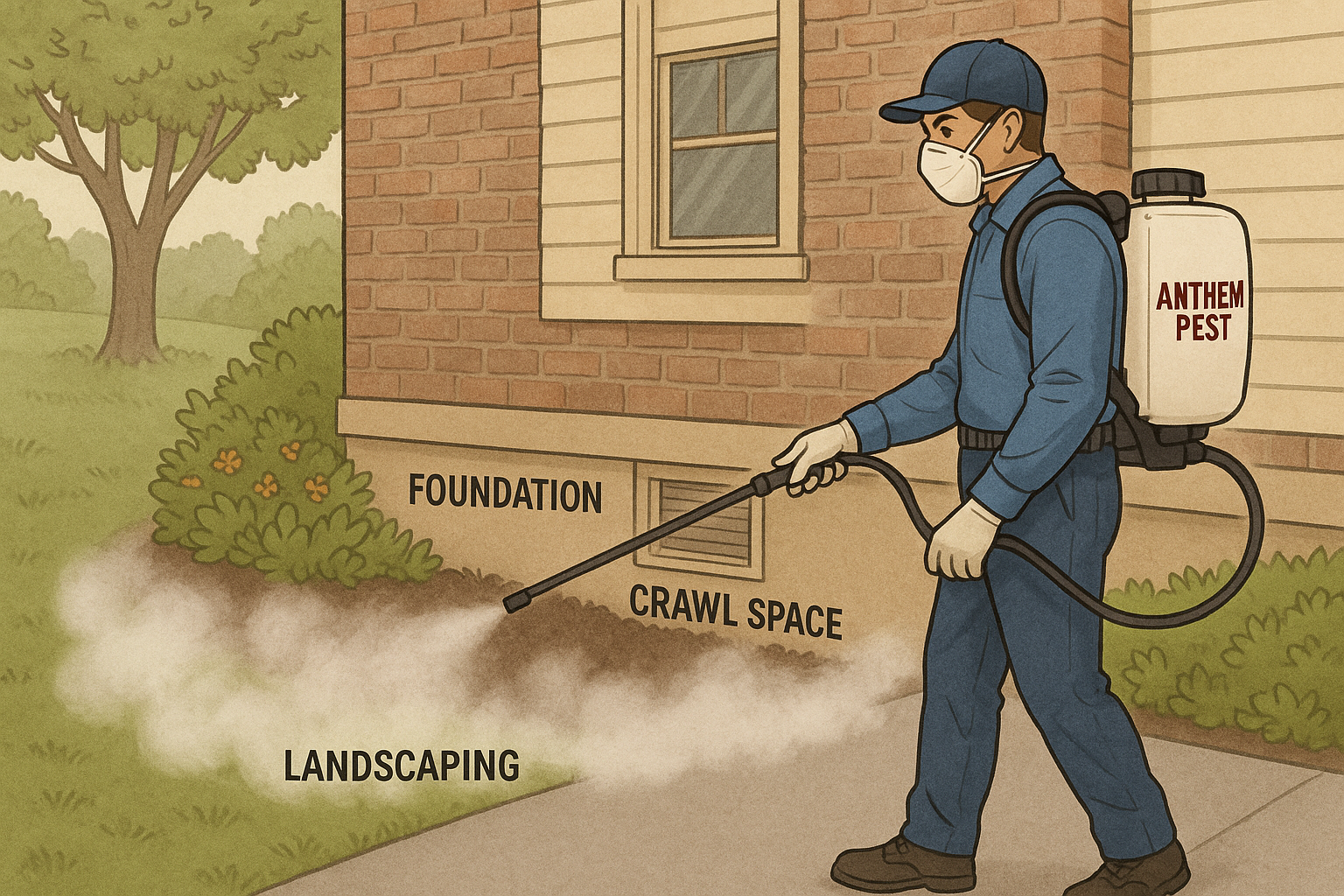 Technician applying a perimeter spray around a home foundation