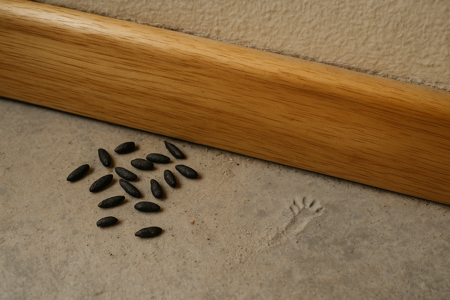 Mouse droppings and gnaw marks on a pantry shelf