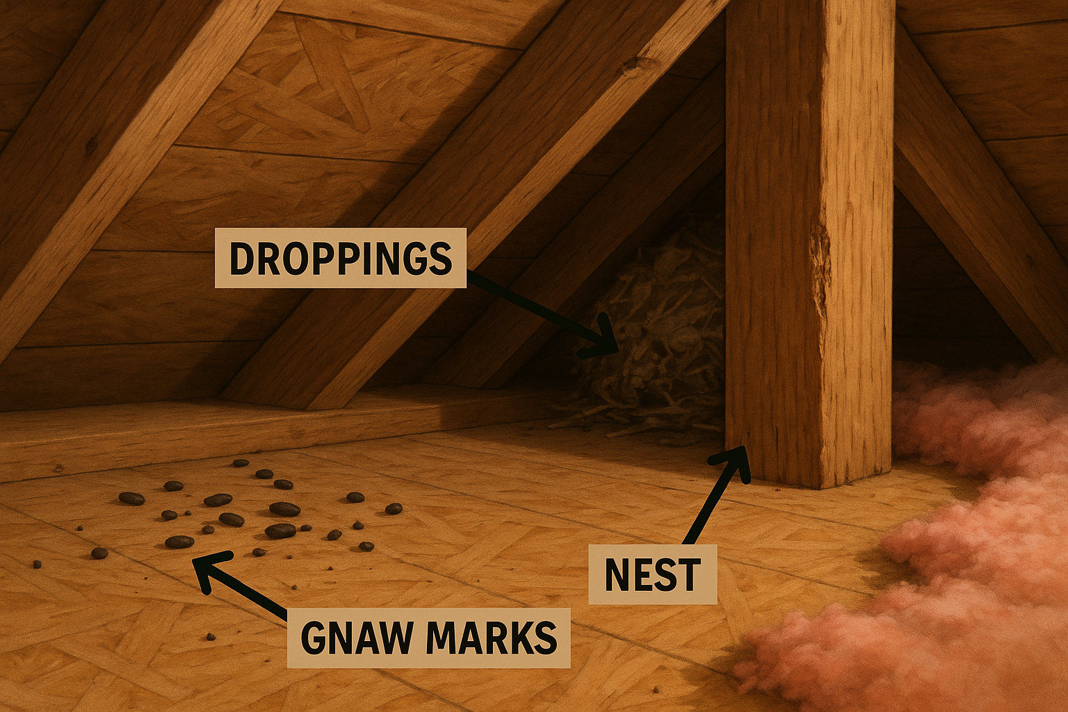 Attic inspection showing rat droppings pattern along joists