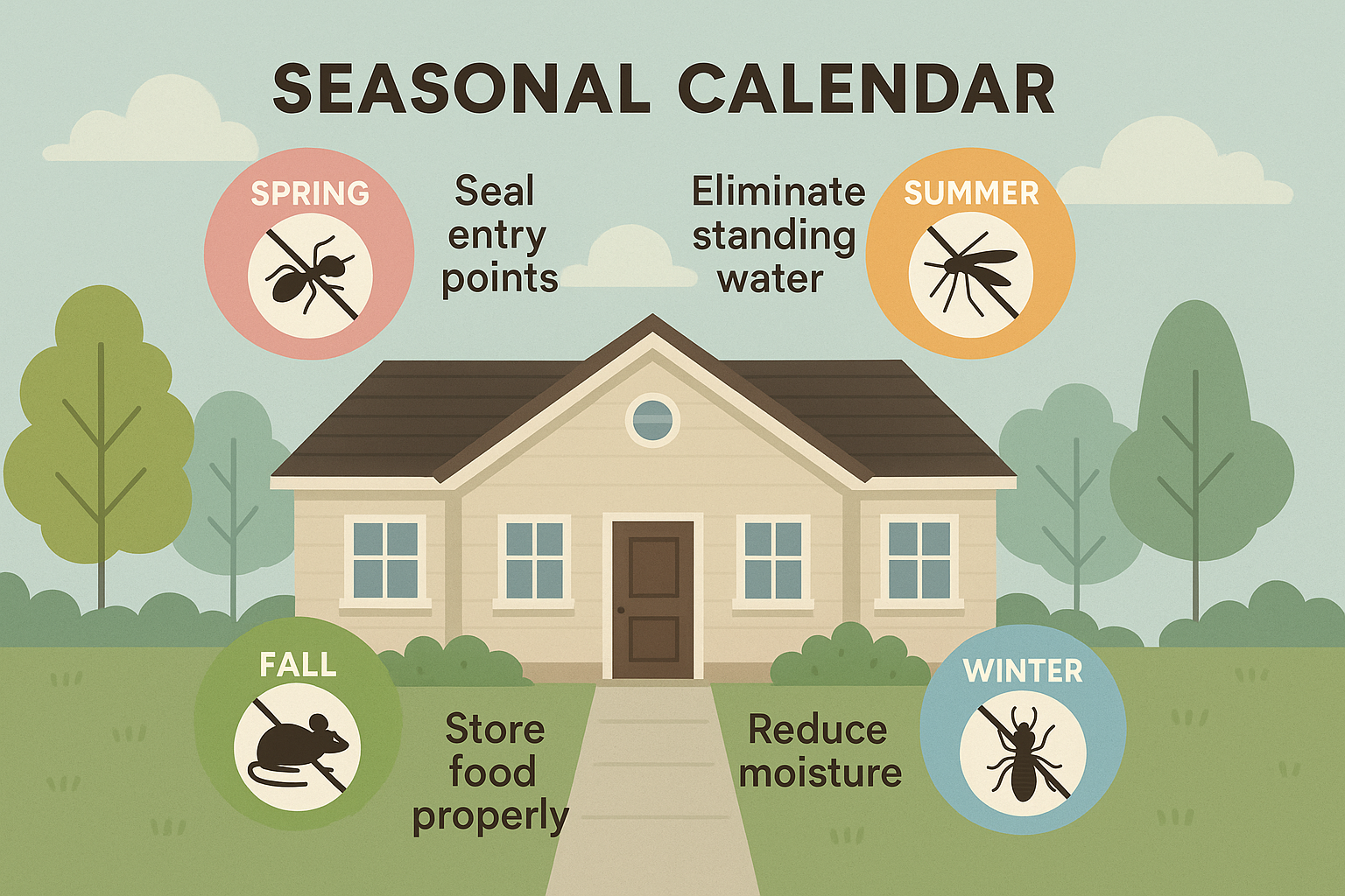 Seasonal pest activity calendar showing spring, summer, fall, and winter threats