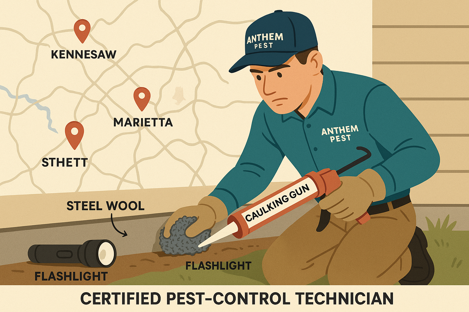 Technician sealing foundation cracks with steel wool and caulk