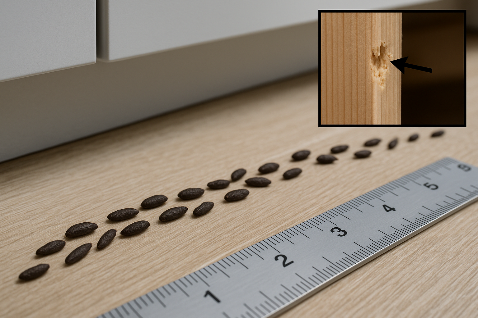 Illustration of a mouse droppings trail along a baseboard