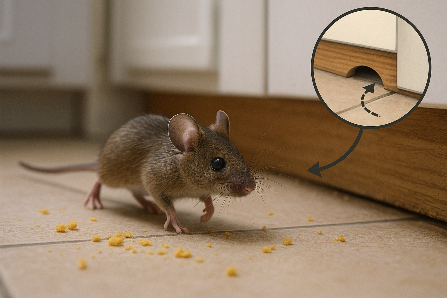 Mouse on kitchen floor near a baseboard gap and scattered crumbs