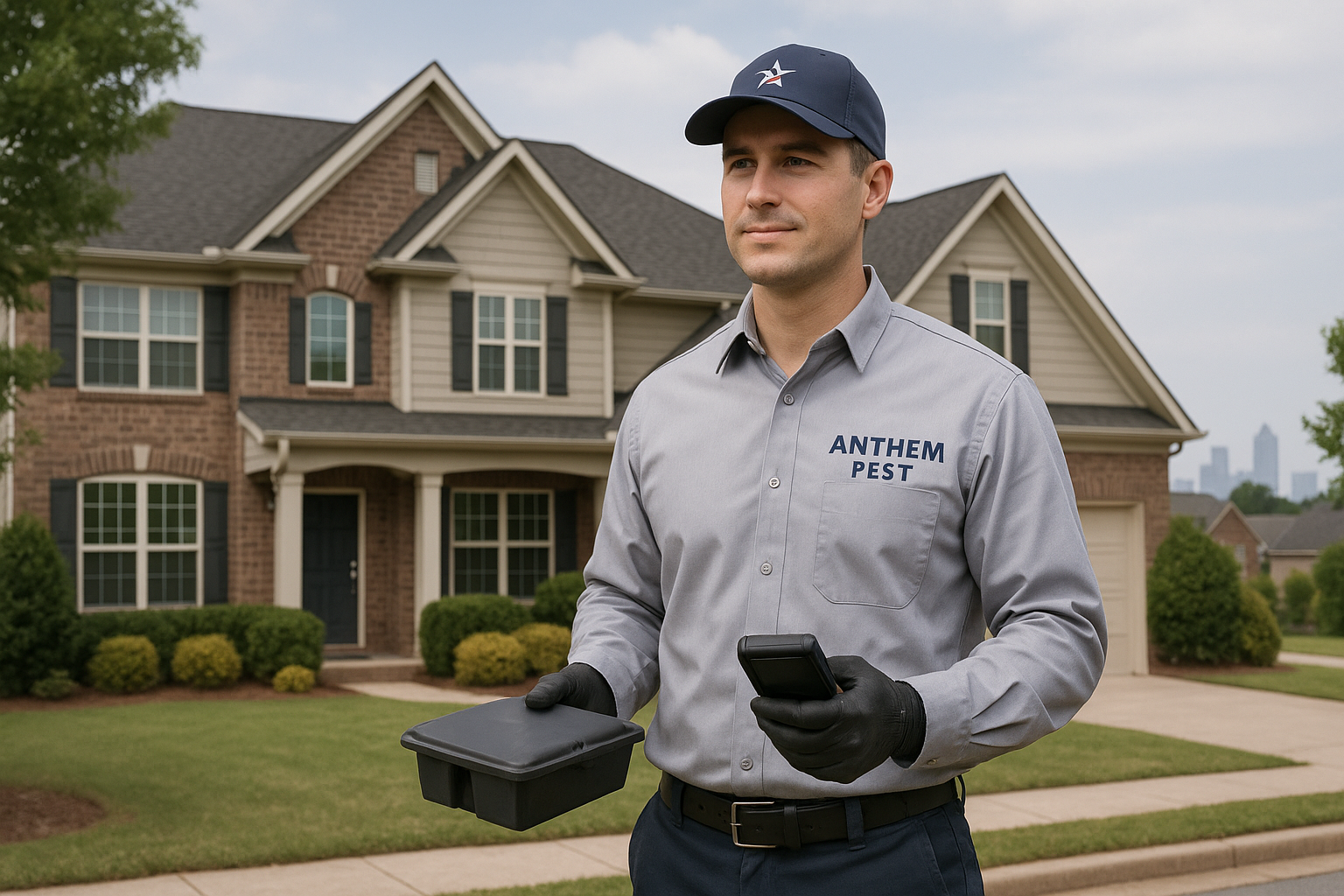 Anthem Pest technician setting up a bait station and using an inspection device