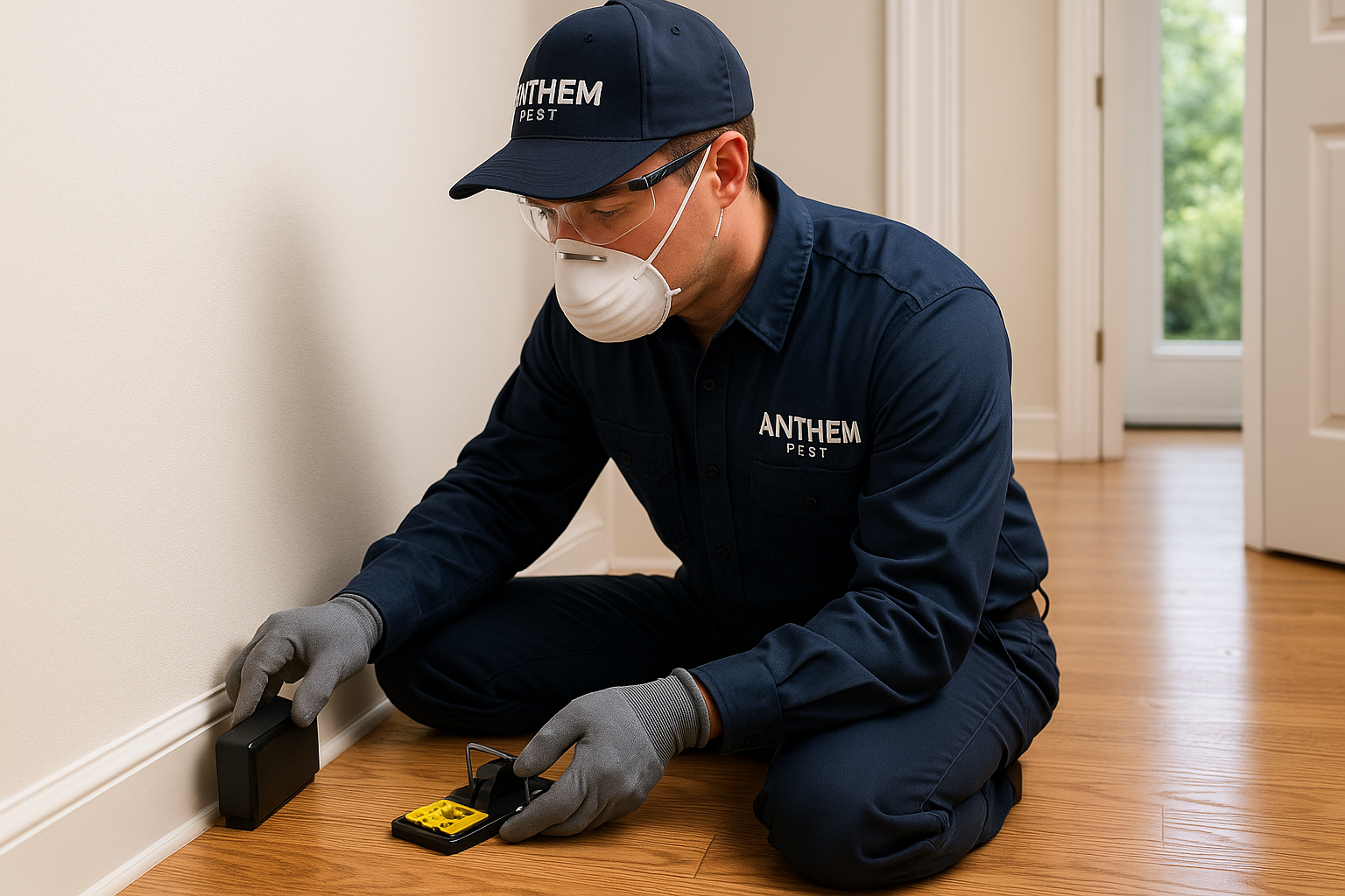 Illustration of rat control methods including traps, bait stations, and exclusion points