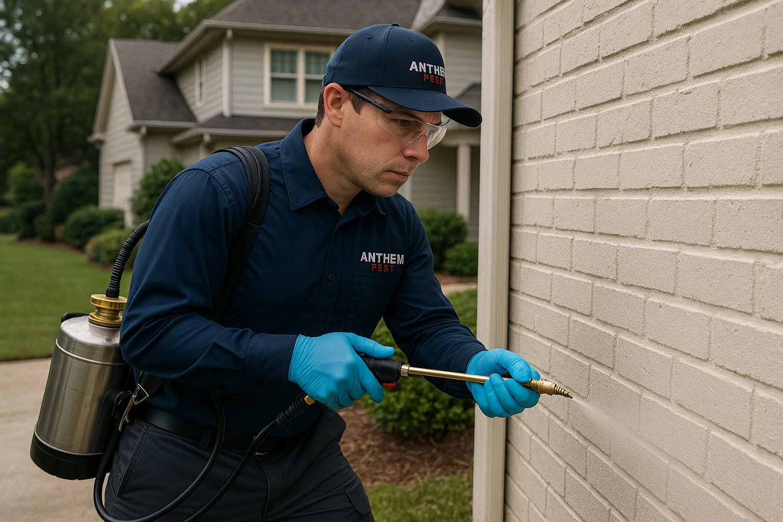 Technician applying perimeter spray around a home