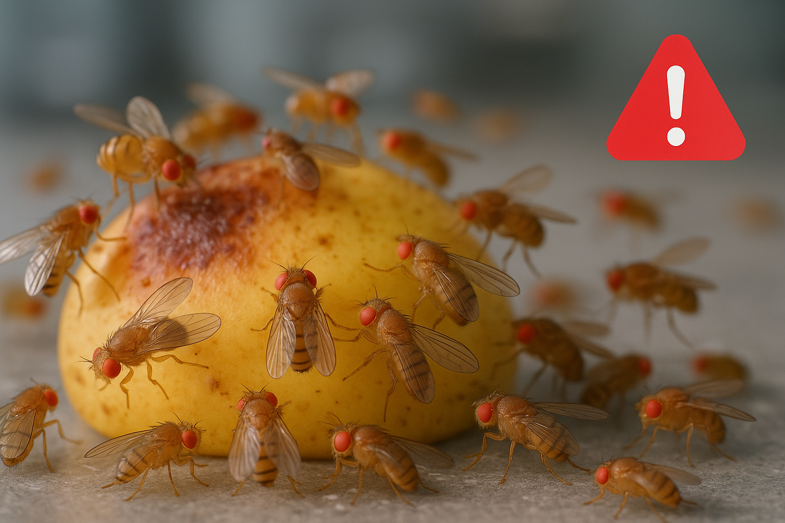 Diagram showing fruit fly egg, larva, and adult stages with visual cues