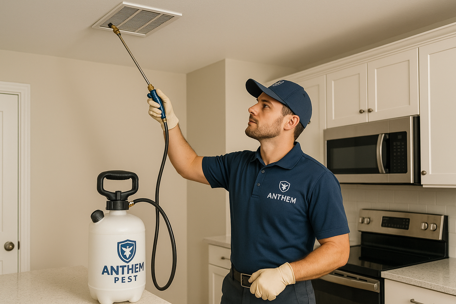 Technician applying professional spray treatment for fruit flies