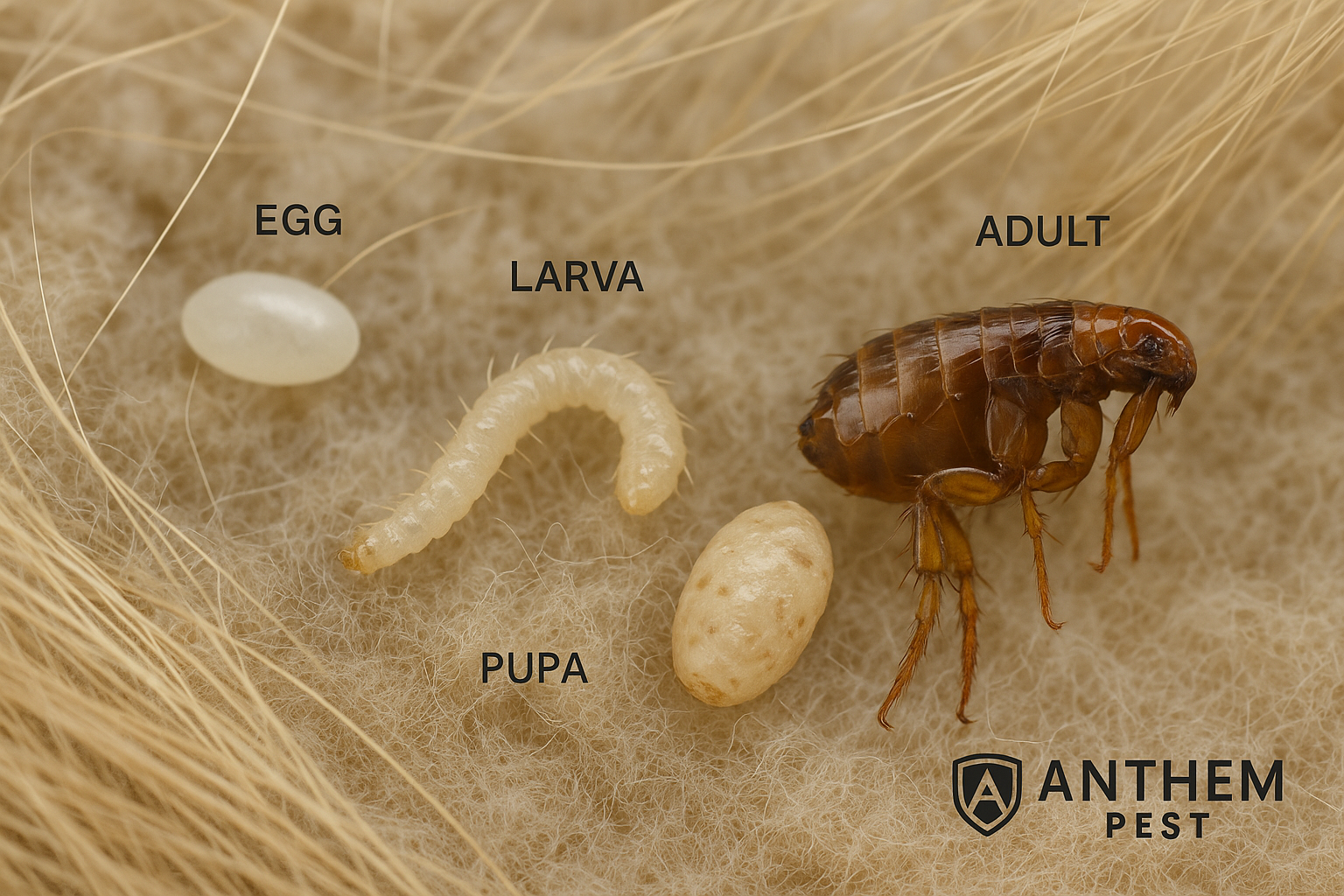 Macro diagram of the flea life cycle from egg to adult