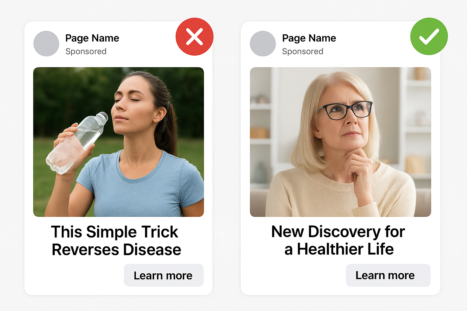 Side‑by‑side ad mockup showing a flagged version on the left and a compliant, curiosity‑driven version on the right