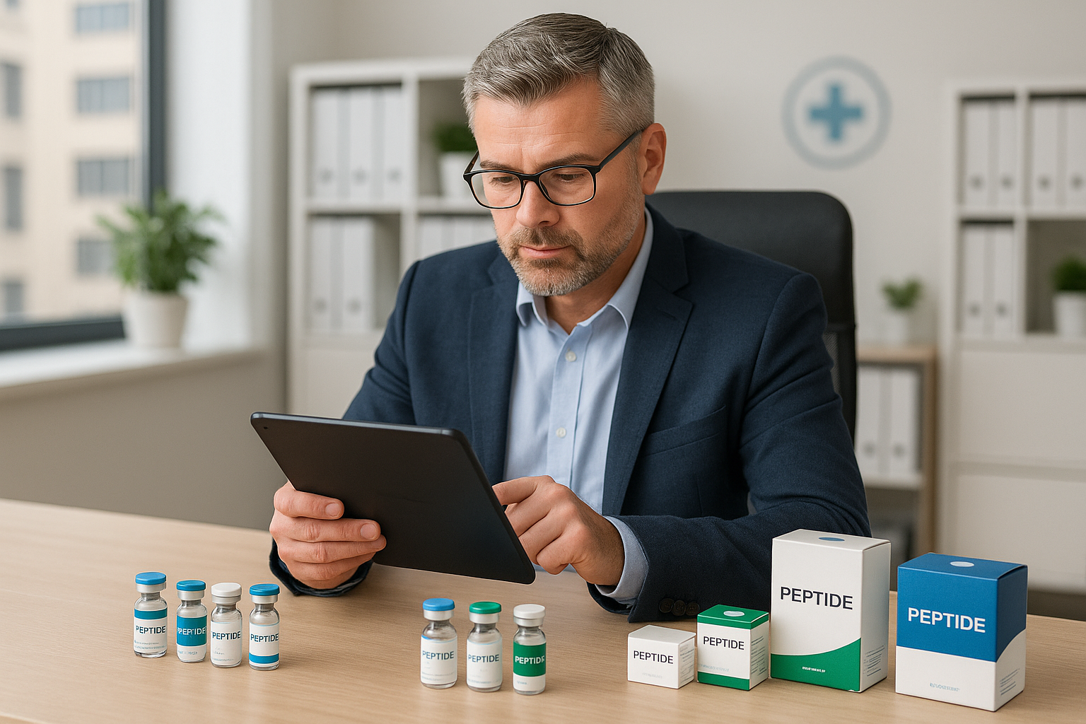 Workflow diagram showing a manager reviewing a peptide catalog, selecting items, and placing an order through YourPeptideBrand