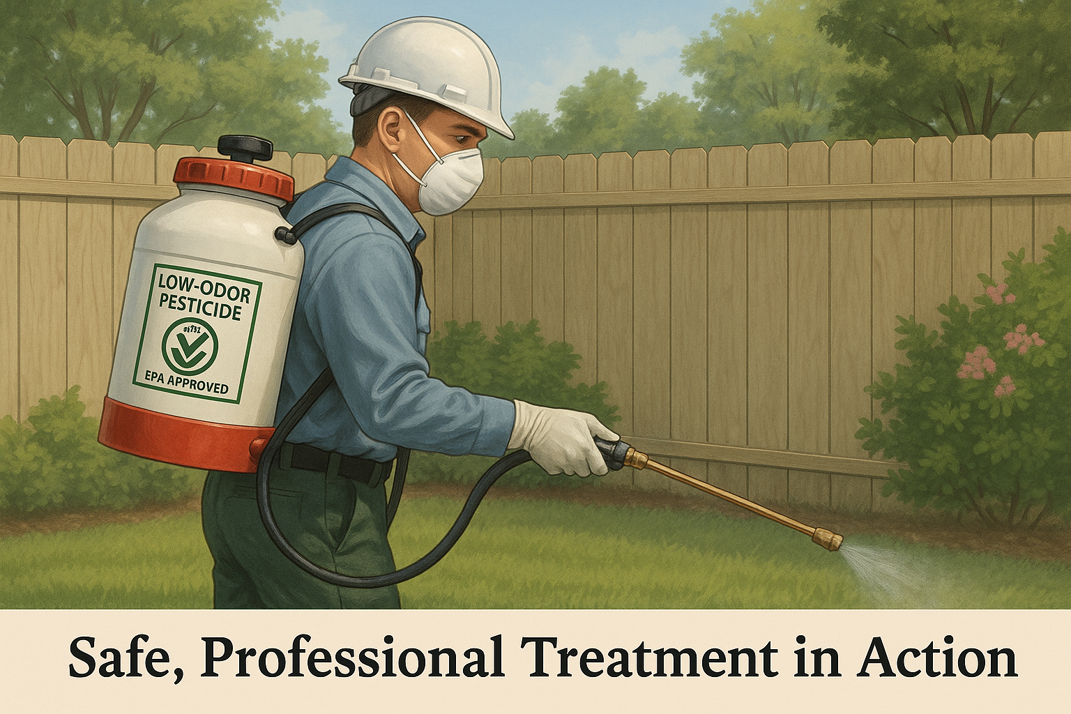 Licensed technician applying a low-odor EPA-approved spray