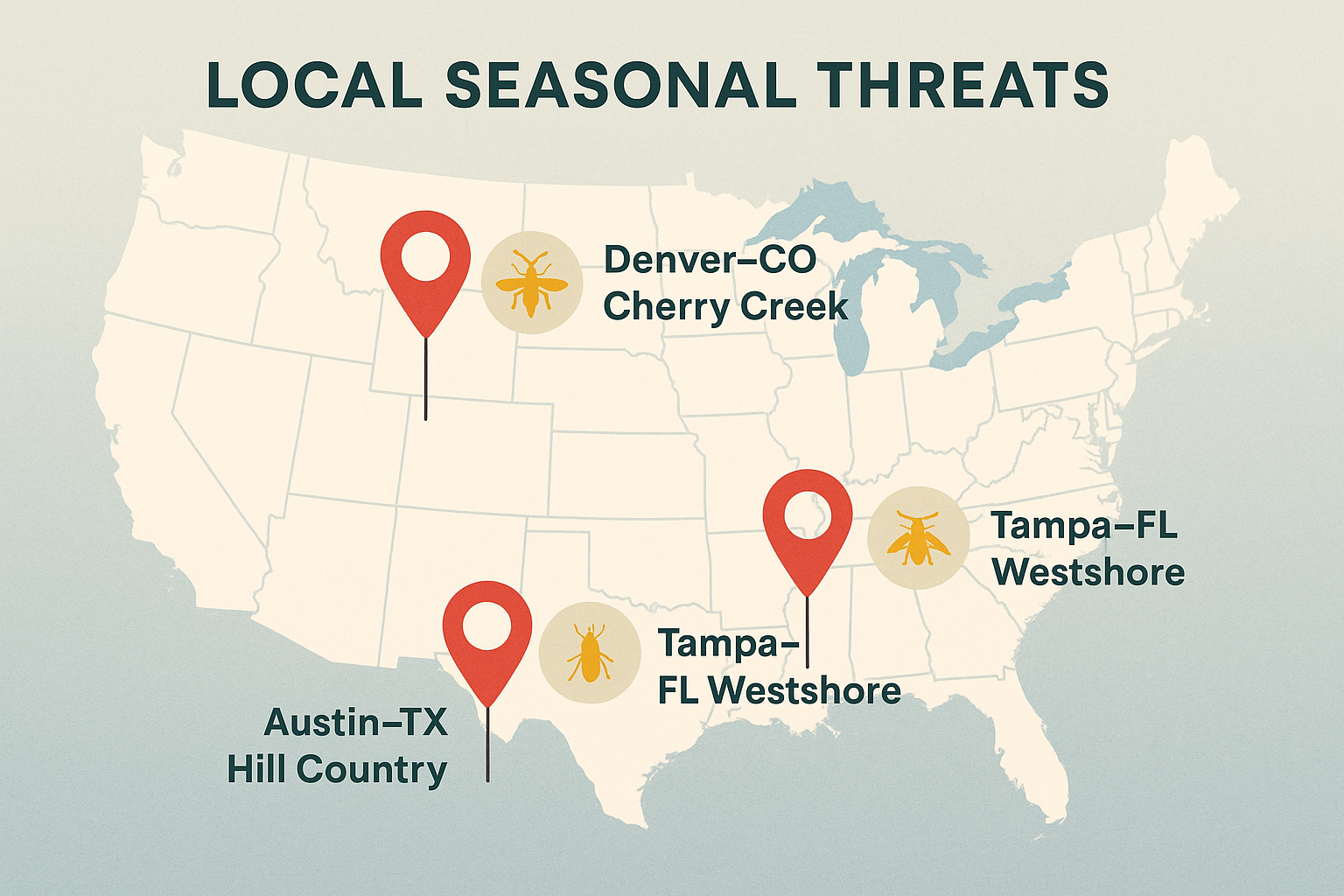 Seasonal pest activity map for Austin, Tampa, and Denver