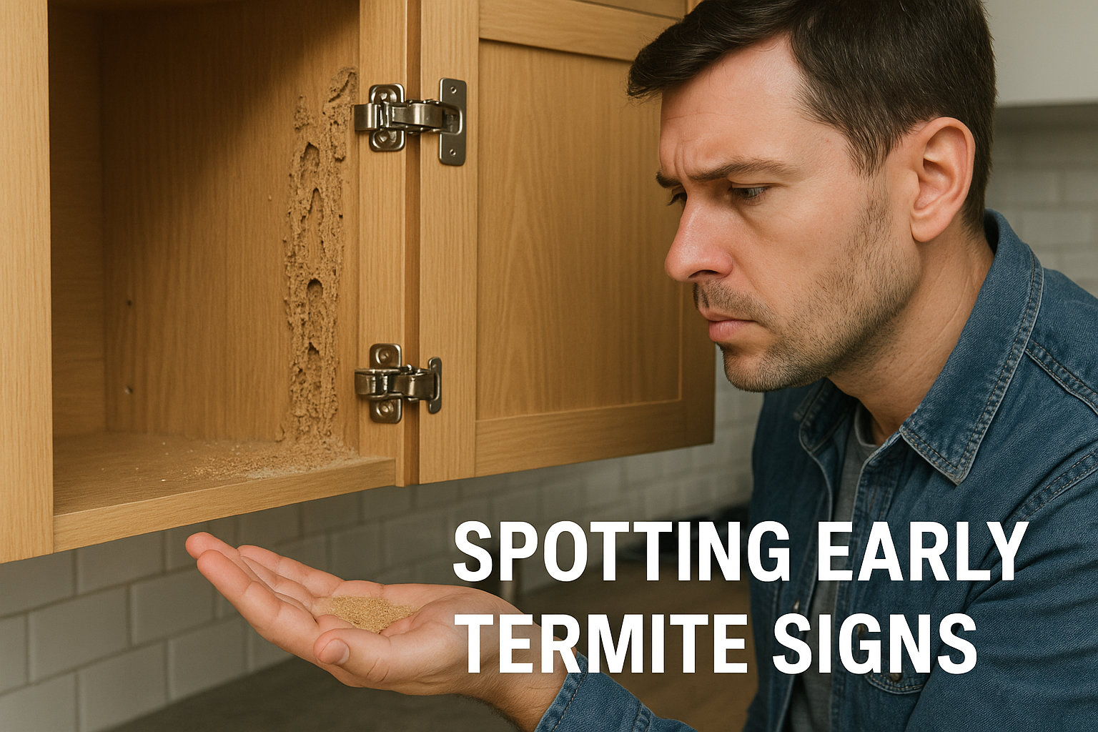 Homeowner inspecting a cabinet for termite damage