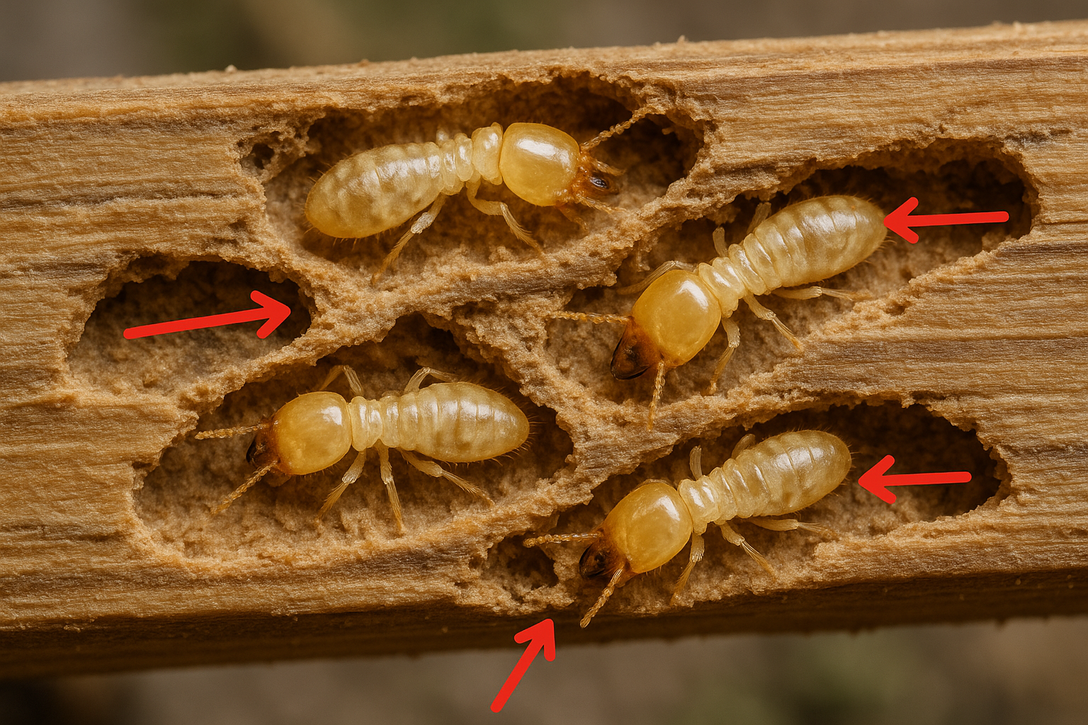 3 Macro view of drywood termites tunneling through wood