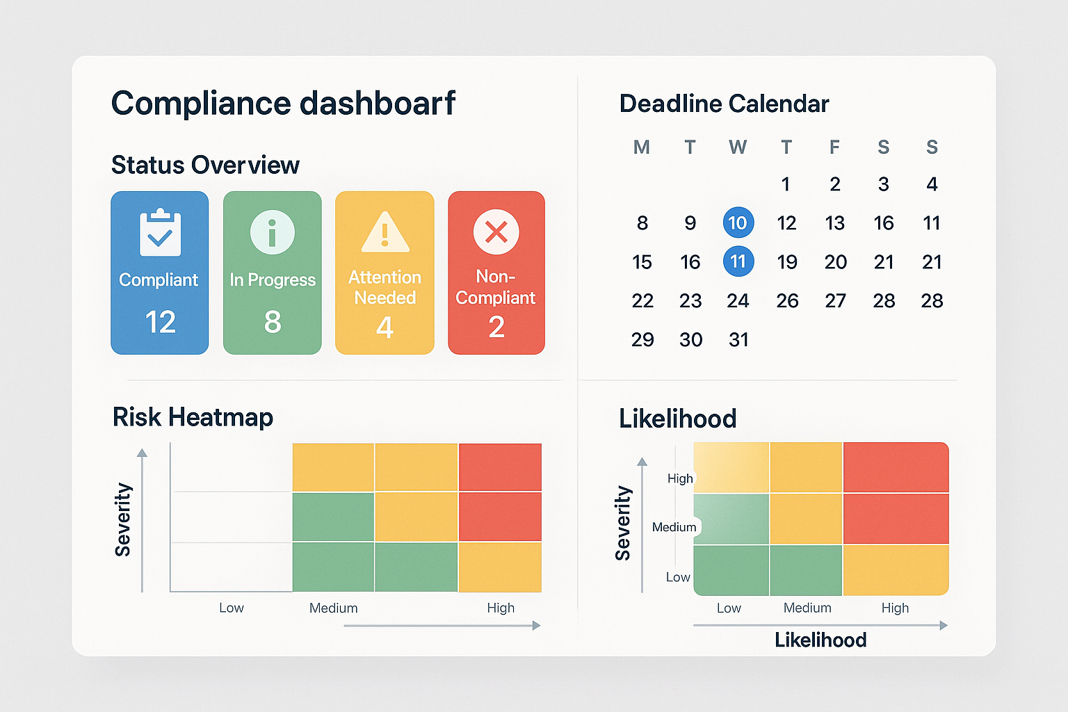 Mockup of compliance dashboard with KPI cards, timeline, and heatmap
