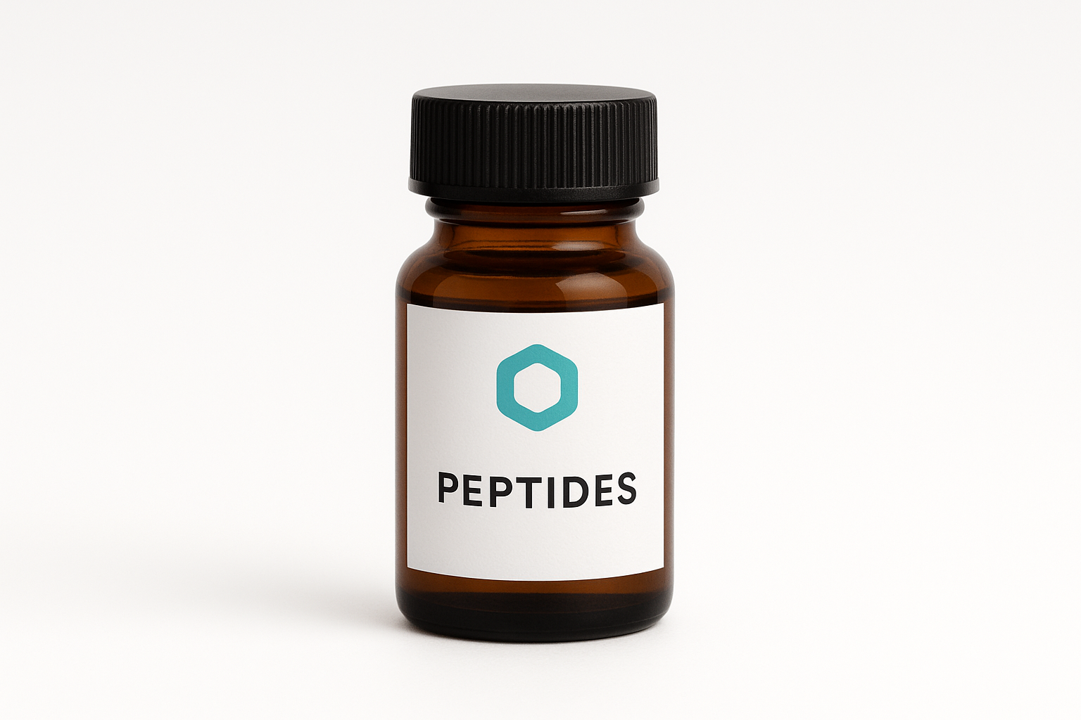 Minimalist peptide label featuring clean typography, central logo, and essential regulatory icons