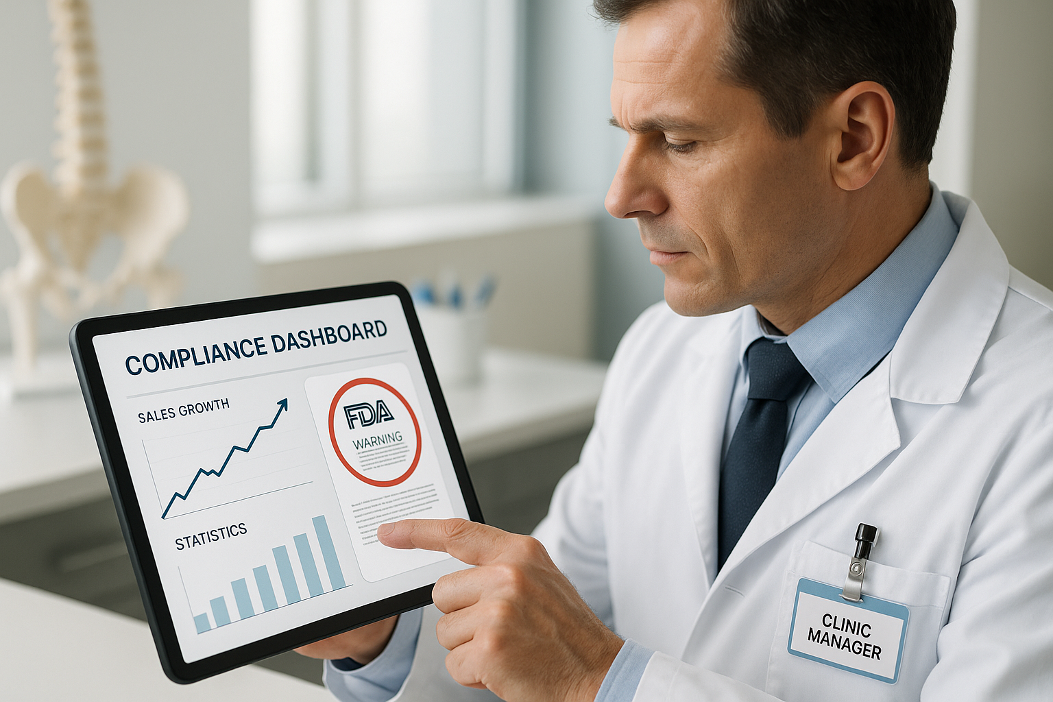 Compliance dashboard showing a crossed‑out FDA warning notice