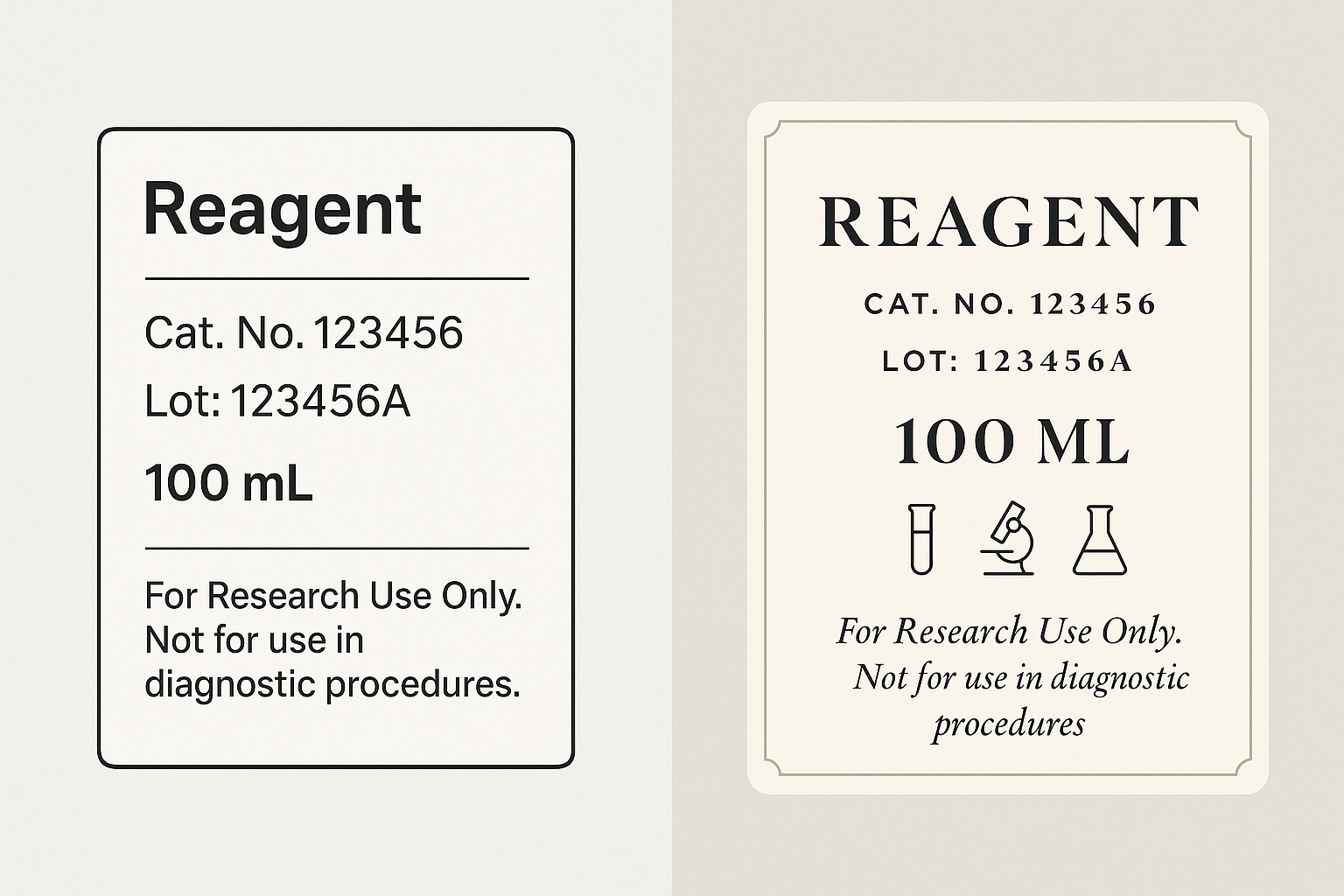 Side‑by‑side label comparison showing a basic RUO label and a premium, foil‑stamped version