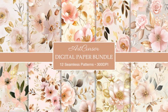 Blush Pink Gold Floral Wedding Patterns Digital Paper Bundle