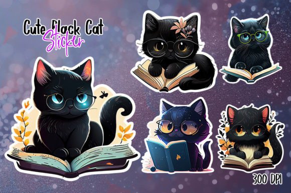 Cute Black Cat & Books Stickers Set
