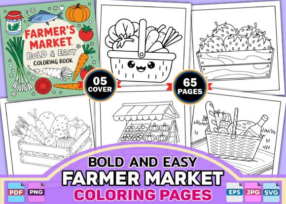 Farmer's Market Coloring Book Cover with Vegetables and Fruits