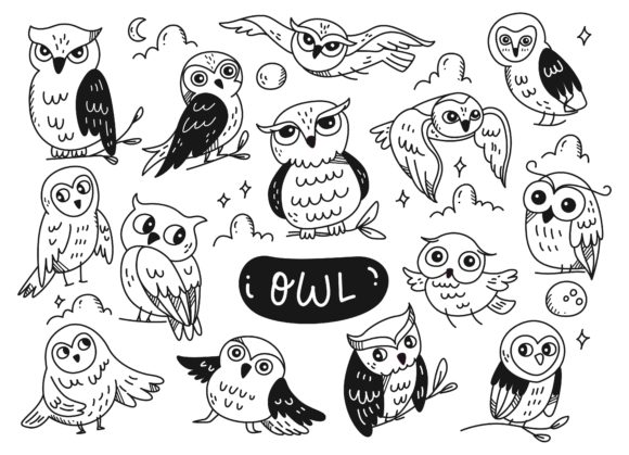 Wise Night Eyes: Coloring Pages with Owls and Moon