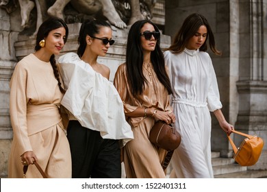 PARIS, FRANCE - SEPTEMBER 30, 2019: Bettina Looney, Anna Rosa Vitiello, Tamara Kalinic, Florrie Thomas before STELLA McCARTNEY fashion show at Paris Fashion Week Spring/Summer 2020.