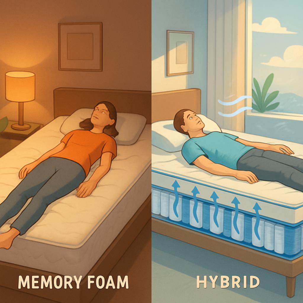 hybrid vs memory foam, memory foam vs hybrid, hybrid mattress benefits, memory foam benefits, best hybrid mattresses, best memory foam mattresses, hybrid mattress cooling, memory foam cooling, hybrid mattress support, memory foam support
