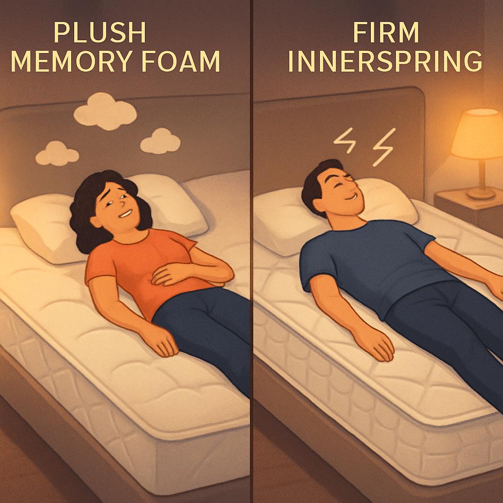 memory foam vs innerspring, mattress firmness, memory foam mattress, innerspring mattress, plush mattress, firm mattress, deep sleep, sleep quality, mattress support, best deep sleep mattress