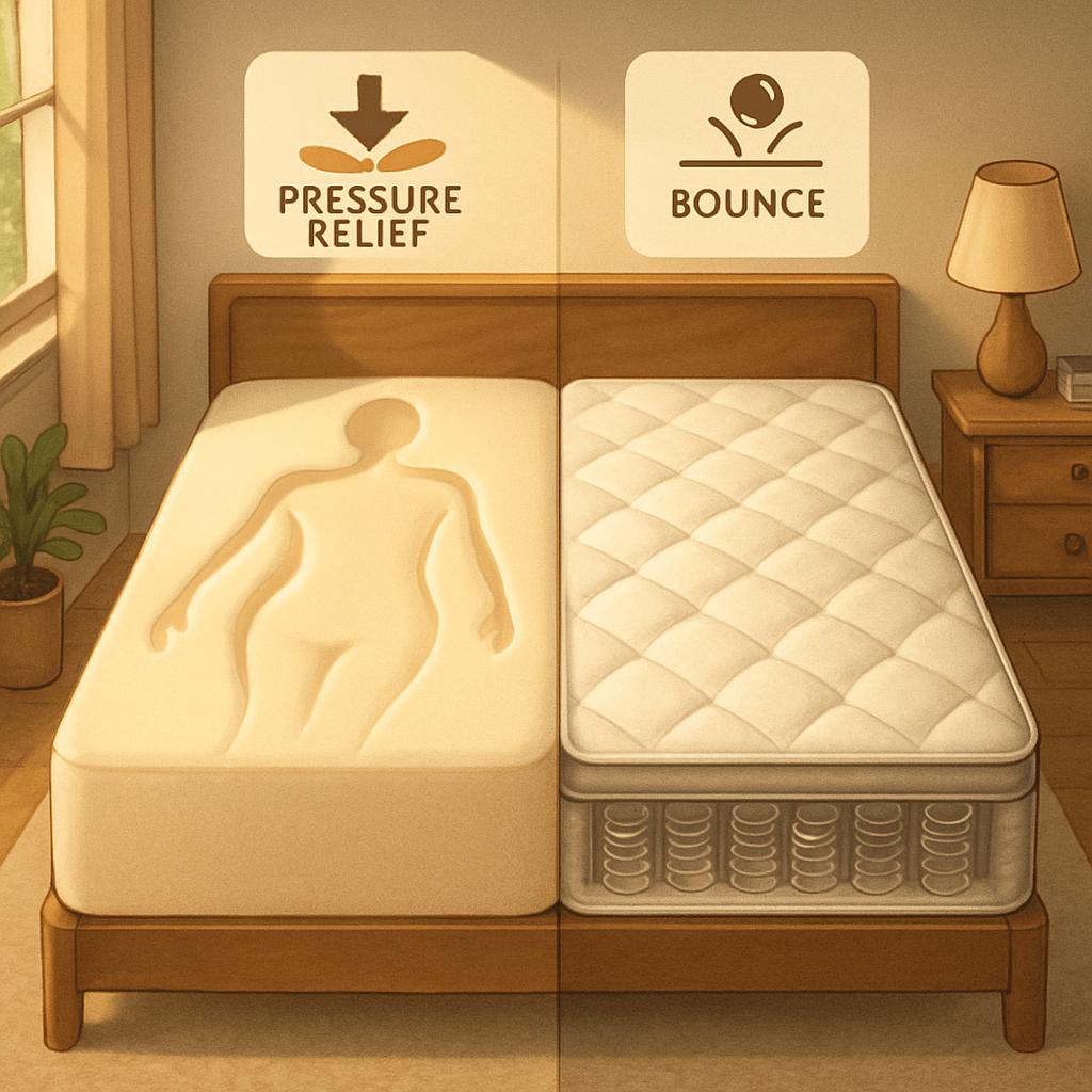 memory foam mattress, innerspring mattress, memory foam vs innerspring, mattress bounce test, best mattress for bounce, mattress durability, mattress comparison, innerspring mattress benefits, memory foam mattress pros, mattress firmness comparison