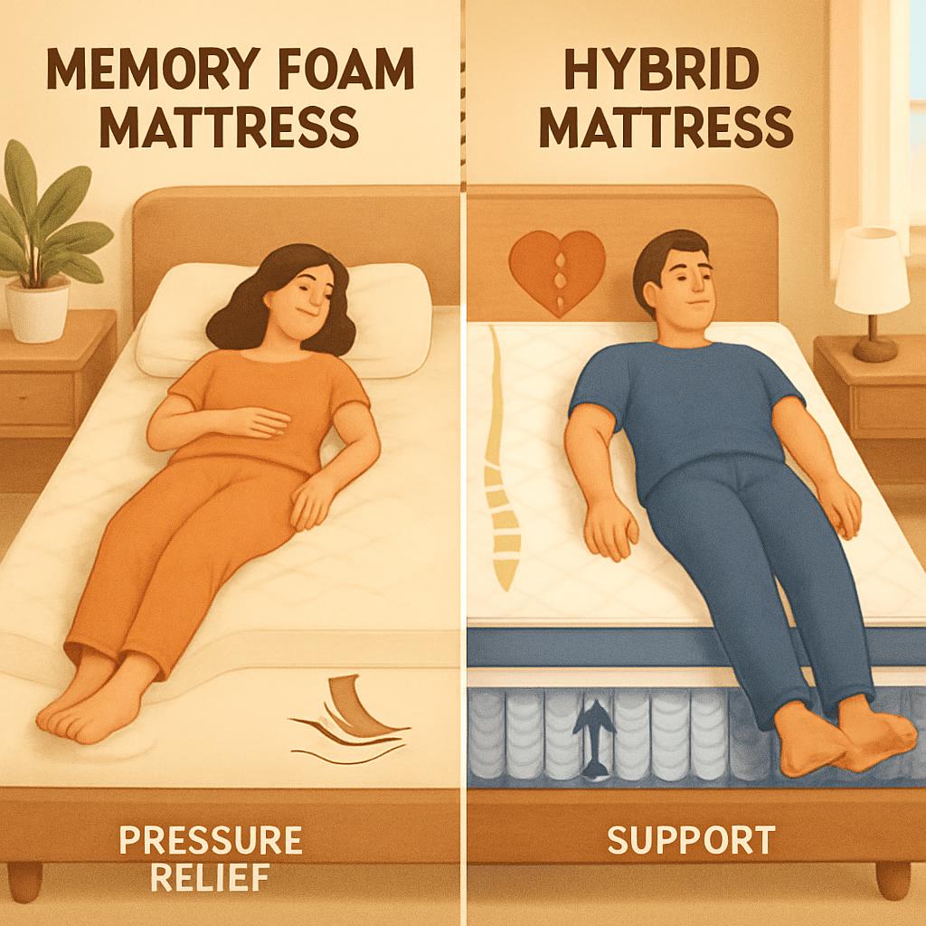 memory foam vs hybrid, memory foam mattress, hybrid mattress, hybrid vs memory foam, best memory foam mattress, best hybrid mattress, mattress comparison, mattress buying guide, hybrid pros cons, memory foam benefits
