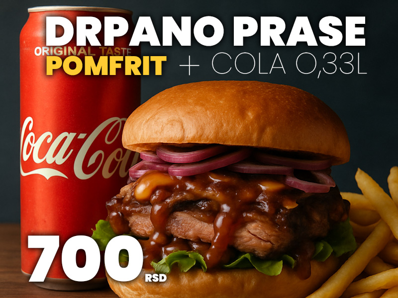 Drpano prase sendvič + pomfrit 150g + Coca-Cola - Original 0.33L